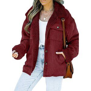 Women's A Red Jacket Vests Coat Fleece Fur Collar Button Down Winter Warm